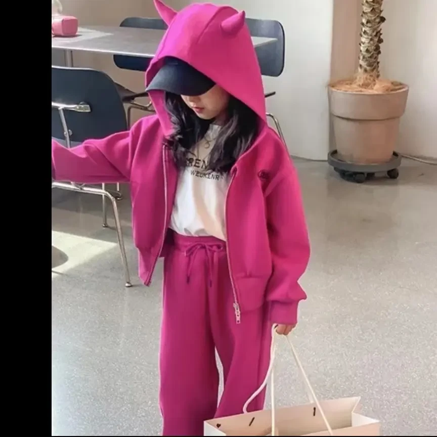 N15红牛角女童秋装牛角帽运动休闲套装秋季新款洋气时尚两件套