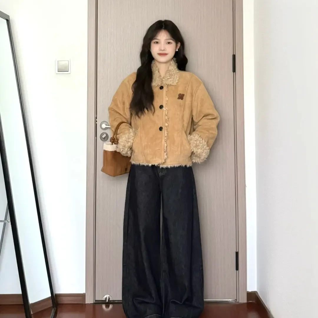 2025新款秋冬穿搭一整套毛绒绒外套女百搭牛仔裤两件套高级感小众