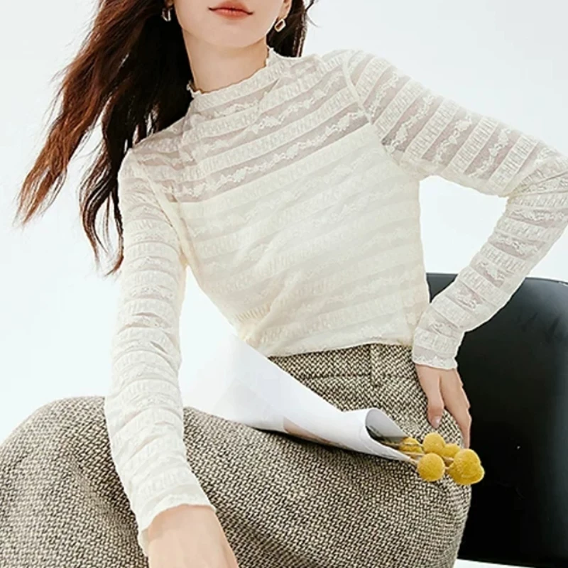 立领新款镂空蕾丝打底衫女秋冬款修身显瘦上衣洋气遮肉女士小衫