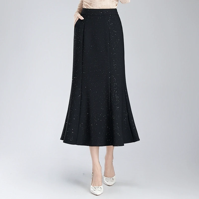 鱼尾裙垂坠感高腰显瘦长裙半身裙2025春季新款黑色亮片显瘦包臀裙