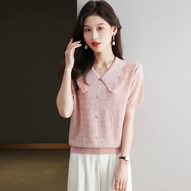 夏季冰丝短袖t恤女装2025新款洋气减龄娃娃领针织体恤衫网纱钉珠