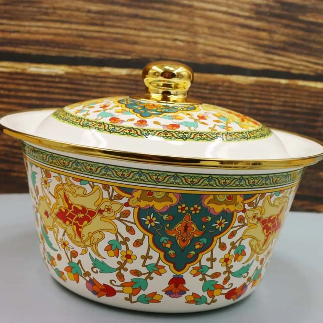 20公分珐琅搪瓷包边盖盆猪油罐 可加热1个 俄罗斯花