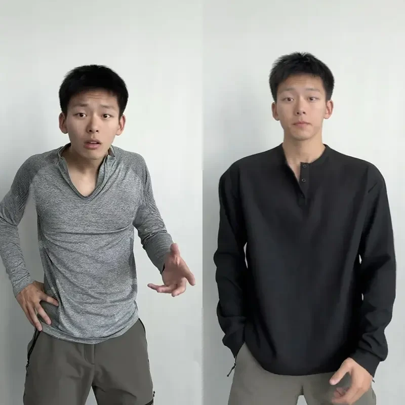 cleanfit黑色亨利领长袖T恤男春秋季上衣正肩美式内搭百搭打底衫