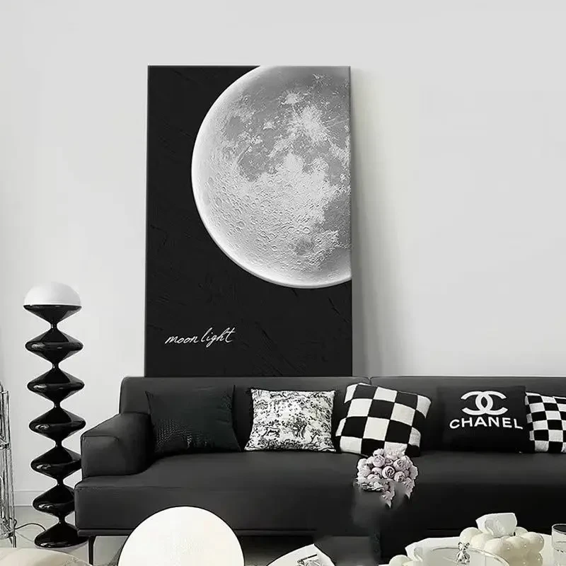 黑白简约客厅装饰画2025新款月球发光落地画肌理感沙发背景墙挂画