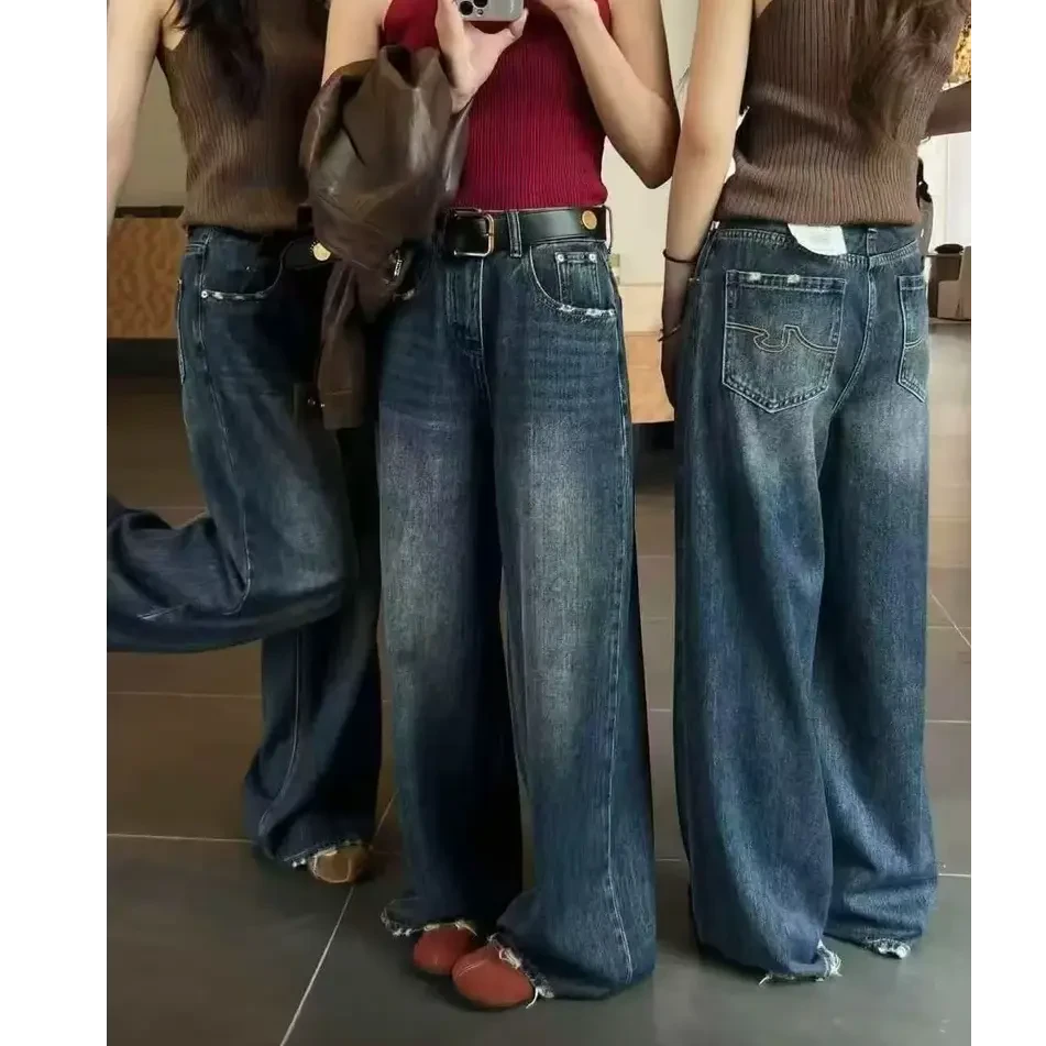 【高品质】正版早秋显瘦百搭高腰阔腿宽松直筒拖地牛仔长裤牛仔裤