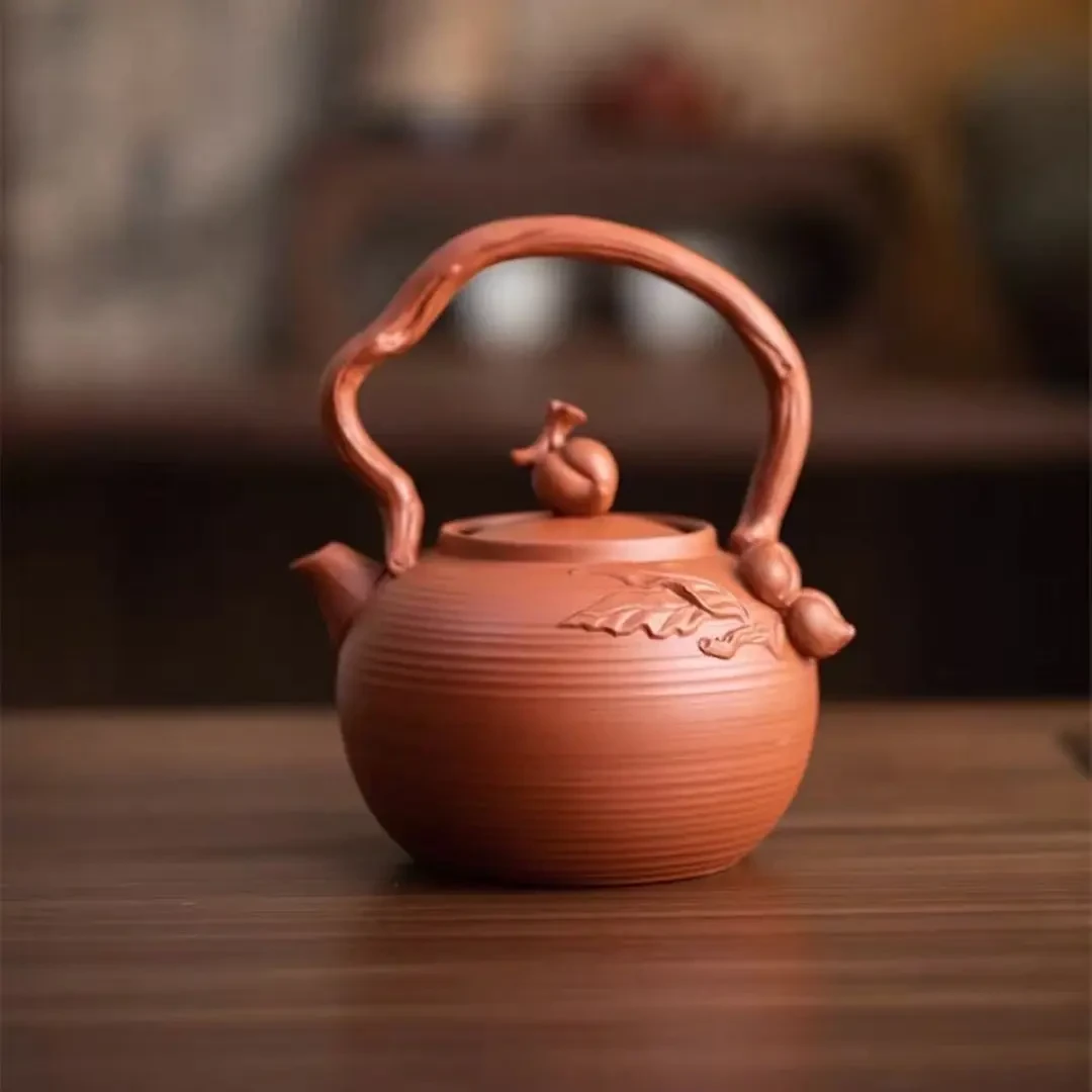潮州砂铫壶红泥茶具泡茶壶烧水跳盖茶壶灵桃献瑞提梁砂铫陶壶宫灯