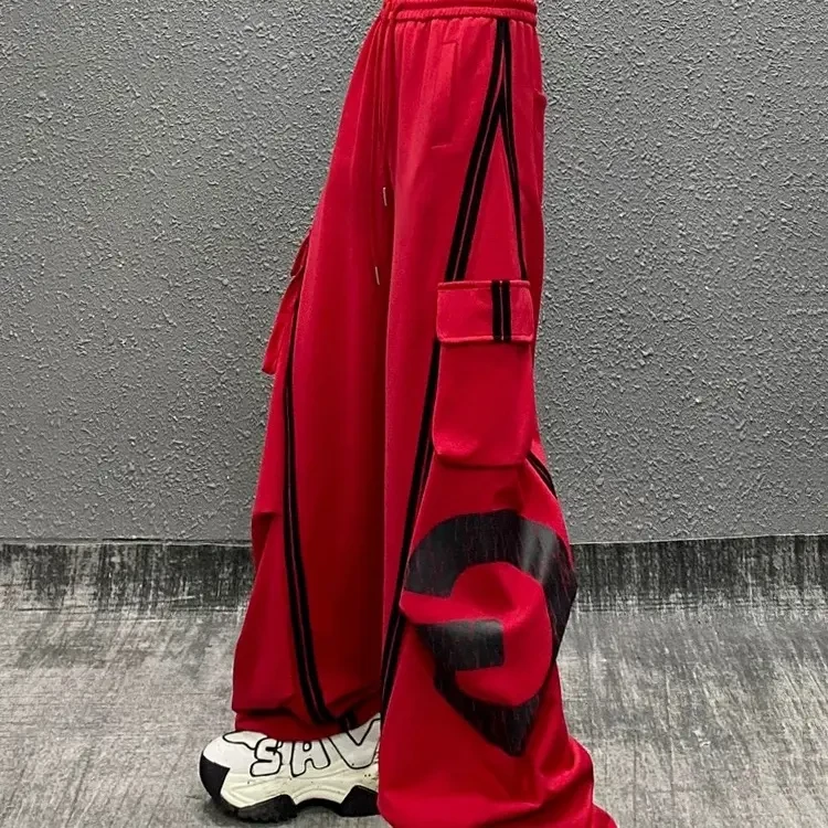 秋冬G新款加绒加厚高腰宽松百搭字母拼色弯刀直筒工装裤