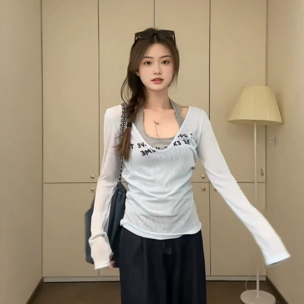 【8701桃】大码女装胖mm纯欲风叠穿挂脖背心长袖T恤防晒上衣两件套