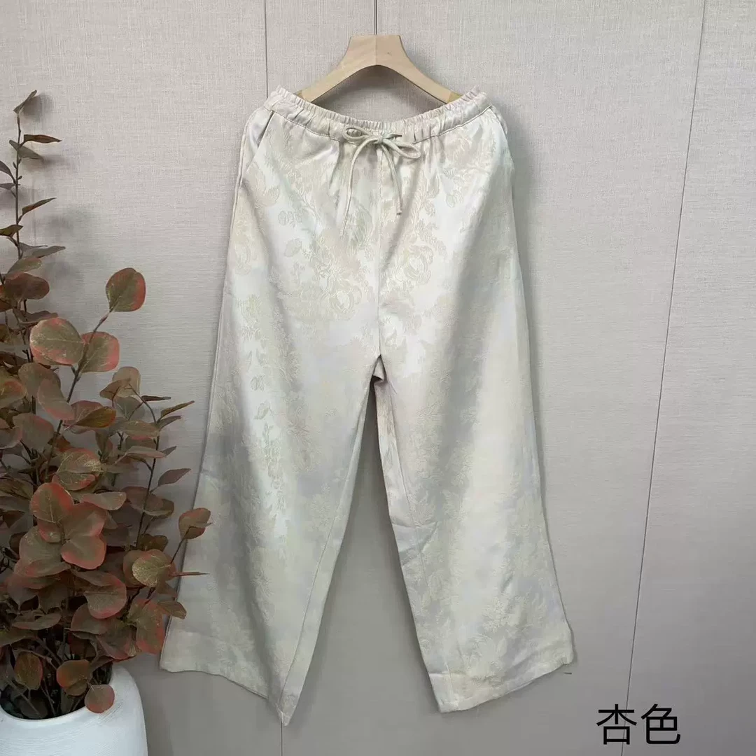 复古棉麻提花松紧腰系带休闲裤女春新款文艺大码百搭显瘦直筒裤