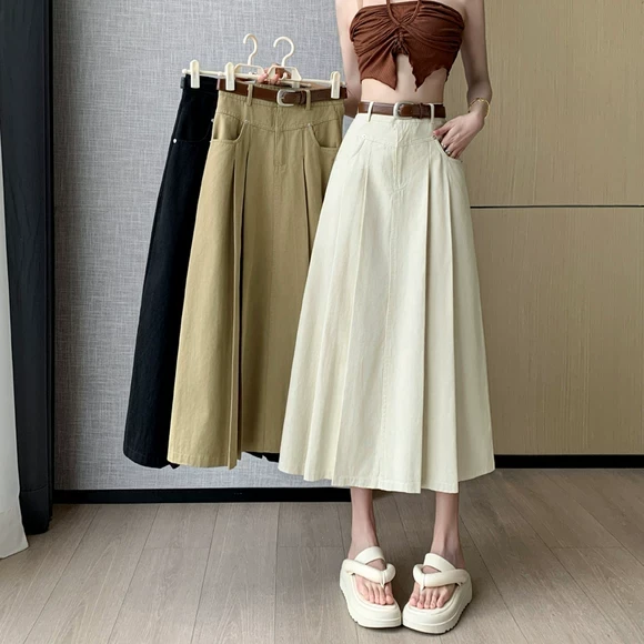 牛仔百褶半身裙女夏季2025年新款高腰遮胯显瘦中长款a字大摆伞裙