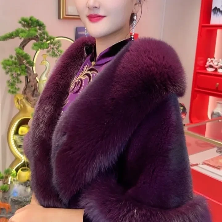 水貂绒酒红色皮草外搭加厚狐狸毛披肩女气质轻奢保暖时尚外套冬季