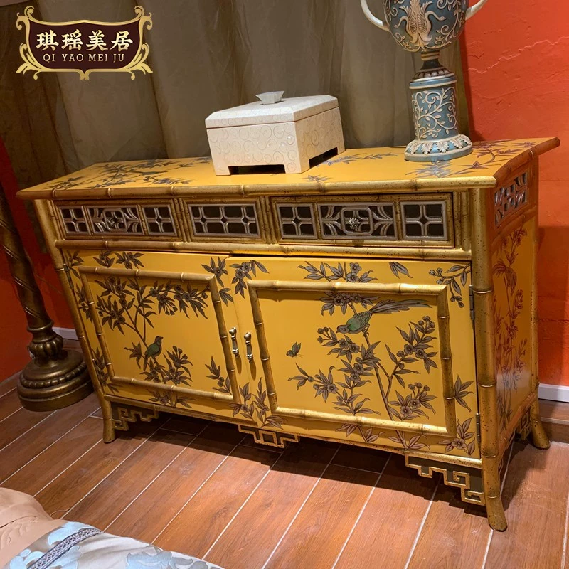 中式新古典竹节黄色玄关柜奢华金银箔彩绘餐边柜别墅实木装饰柜
