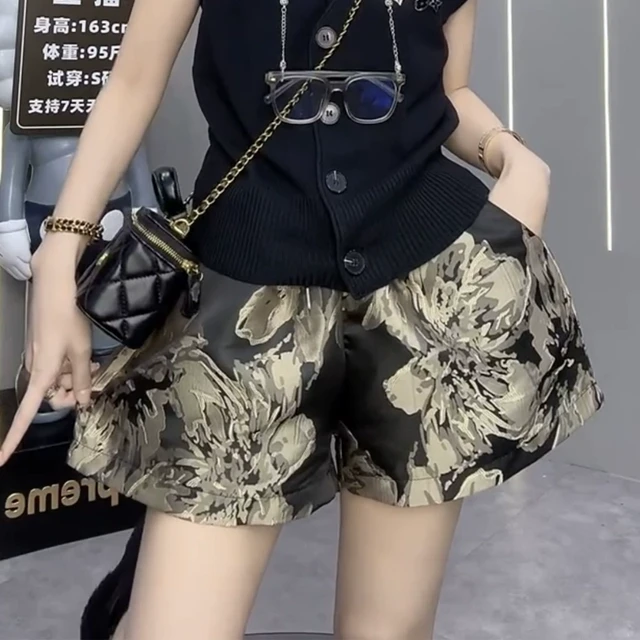 夏季新款复古提花小个子阔腿短裤女时尚显瘦休闲裤宽松A字版花裤