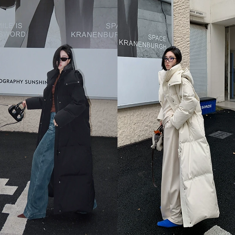 十三粥私服 冬日暖炉 超长过膝羽绒服保暖宽松连帽白鸭绒外套加厚