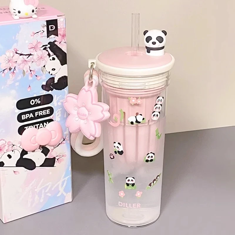 熊猫樱花水杯女生高颜值大容量泡茶杯子可爱学生上学专用吸管杯壶