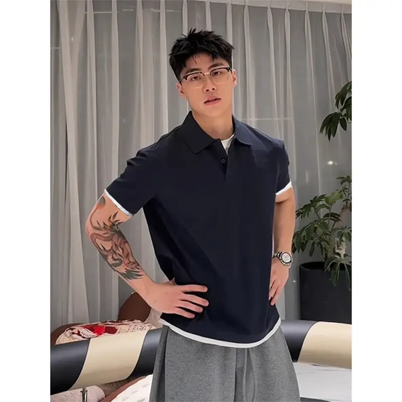 藏青色假两件短袖男款夏季polo衫翻领美式复古T恤重磅正肩五分袖