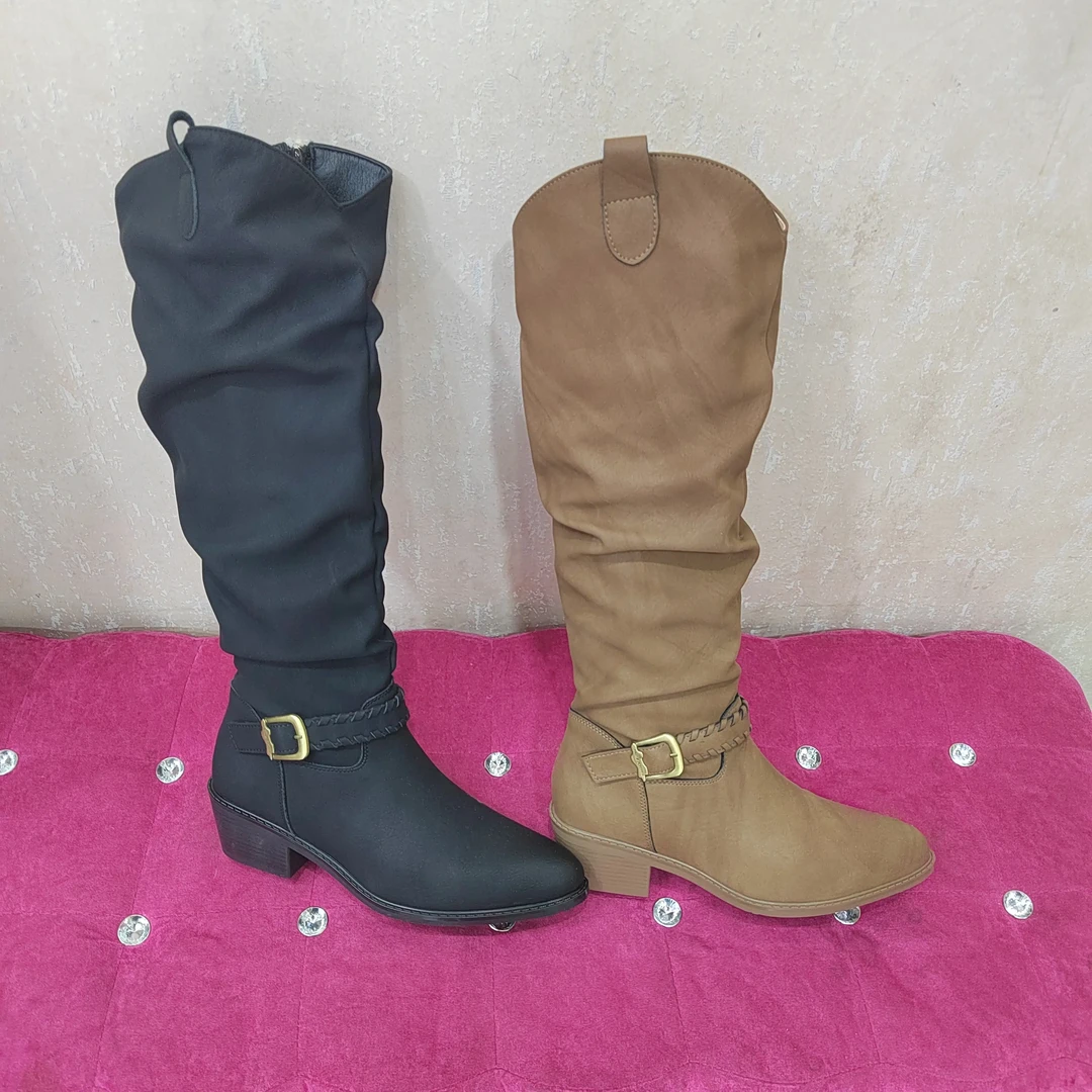 秋冬棕色粗跟尖头堆堆长筒靴时尚百搭女靴