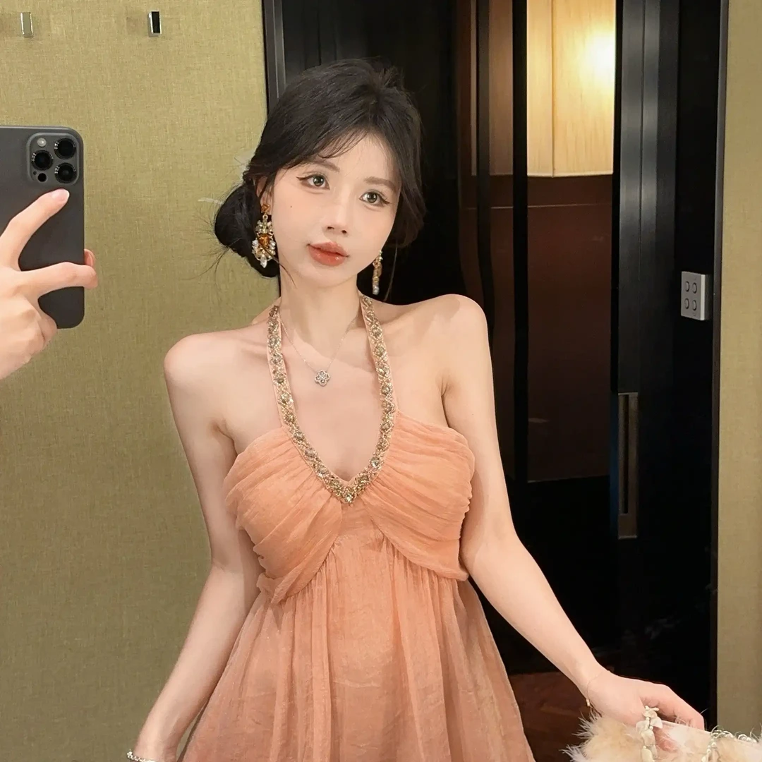 法式纯欲风性感V领闪钻无袖修身显瘦挂脖上衣2025夏季新款女装潮