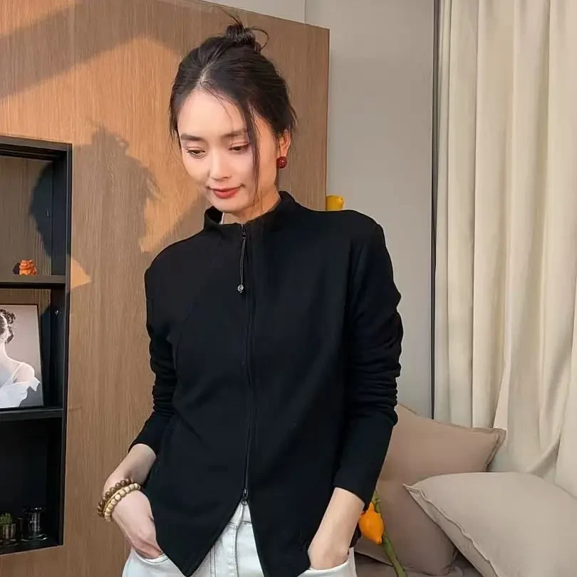 31053-立领通勤打底衫长袖女拉链拼接常规T恤纯色休闲风修身型