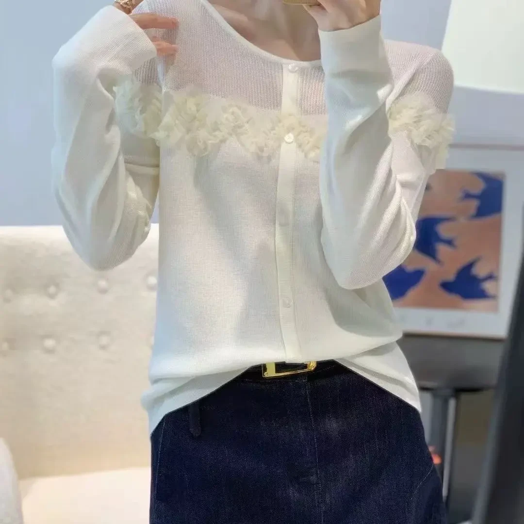 毛针织衫圆领秋季镂空女装开衫款女小香风蕾丝极简风