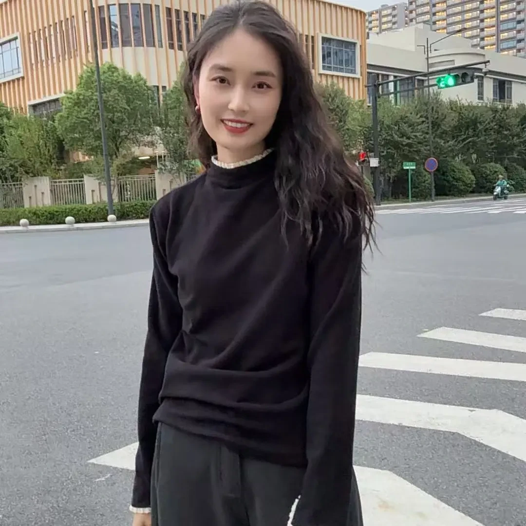 31078-韩式花边领秋冬潮牌打底衫女装休闲卫衣上衣长袖百搭