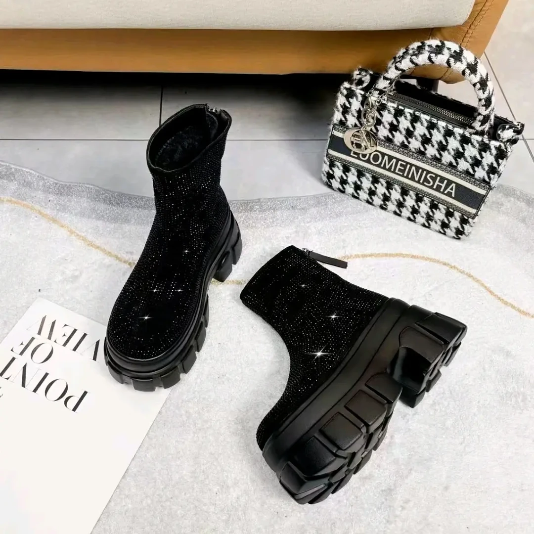 满钻厚底松糕马丁靴女秋冬加绒增高百搭水钻套筒瘦瘦短靴女鞋908