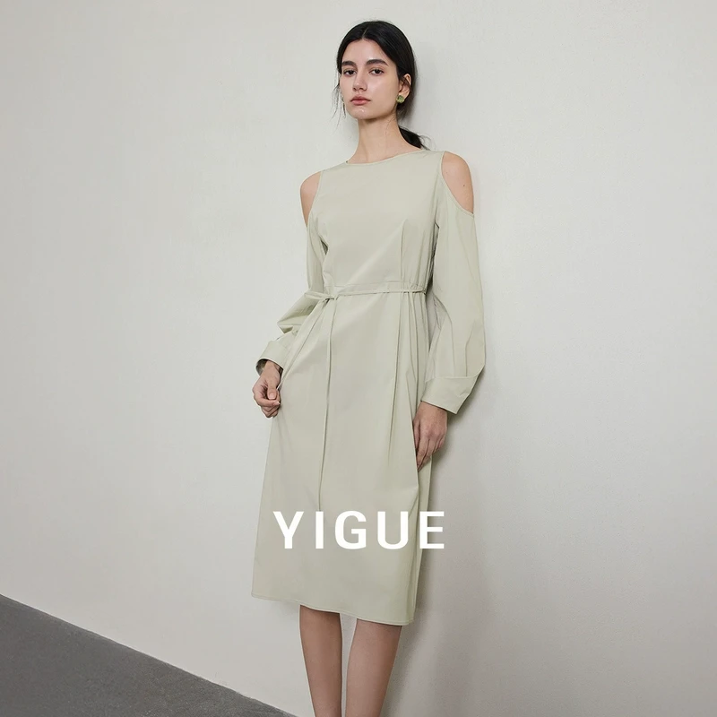 亦谷露肩连衣裙女装2025春季新款长款宽松时尚高级感裙子G5CAL018