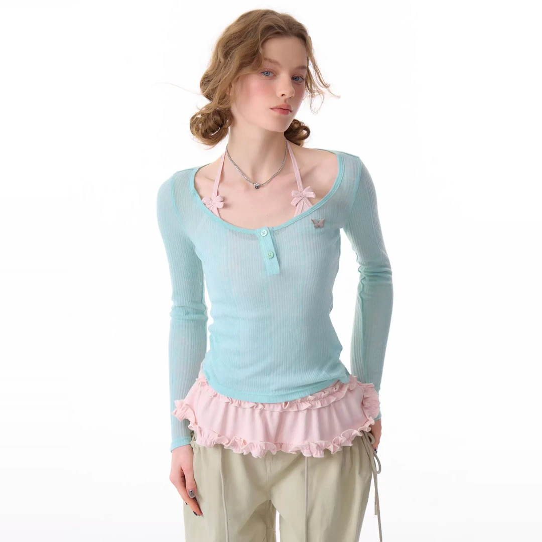 ziziFei春秋季新款美式复古修饰显瘦针织衫半透薄款长袖上衣T恤女