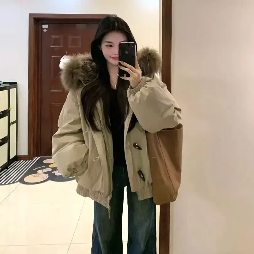 韩系棉服女大毛领服2025冬季新款加厚棉衣复古牛角扣棉袄外套