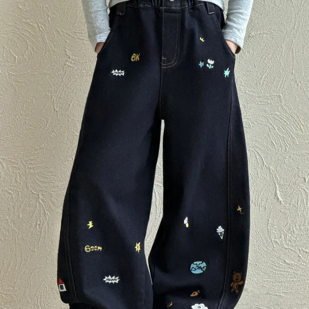 068-地球小熊mochier沫弛尔女童加绒加厚弯刀牛仔裤