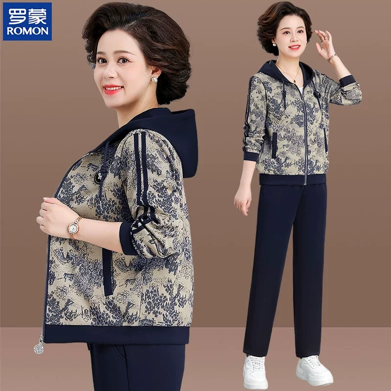 罗蒙运动服套装女新款妈妈春秋外套休闲两件套中老年秋装洋气上衣