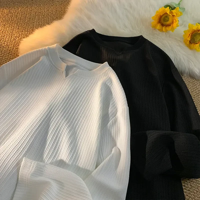 痞帅v领长袖T恤男2024春季肌理设计感小众打底情侣装卫衣HT324038