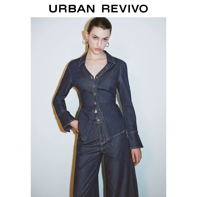 UR2025春季新品女装欧若风复古休闲纽扣褶皱牛仔衬衫UWG850045