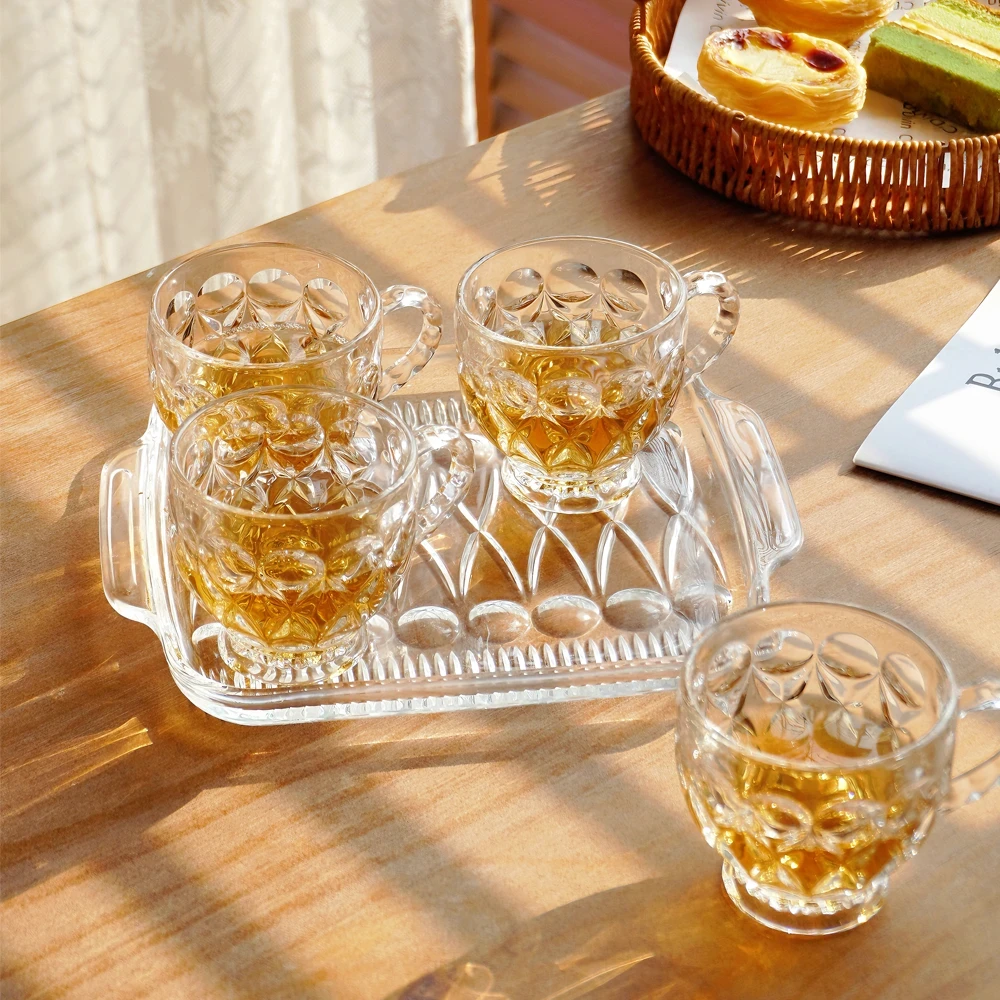 朗旭一盘四杯家用玻璃杯盘套装客厅轻奢高档透明创意花茶杯玻璃盘