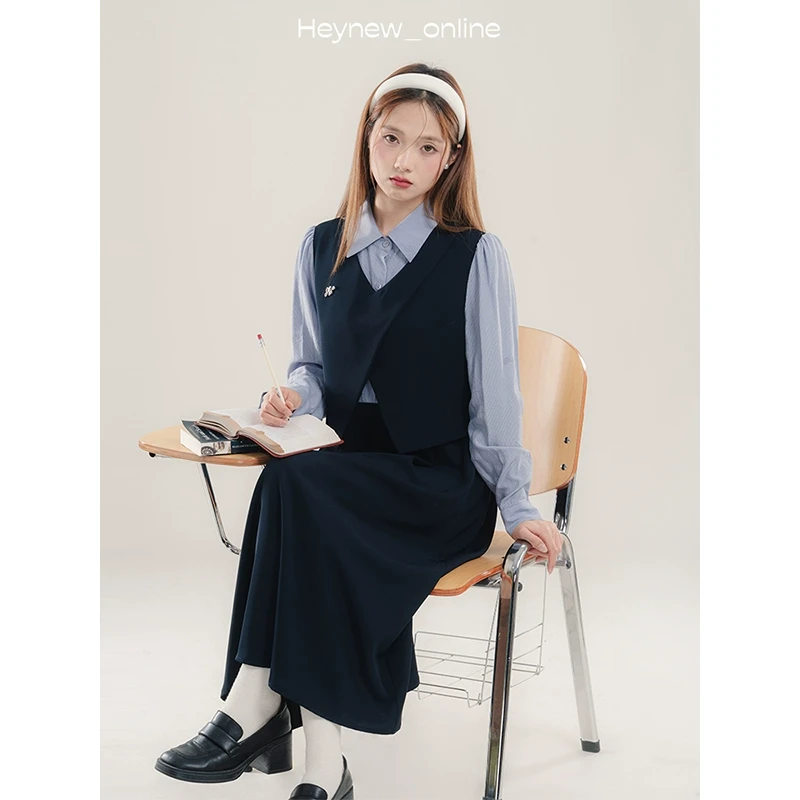 【年底宠粉福利】学院风马甲衬衫假三件连衣裙女春秋小众气质-4Q054