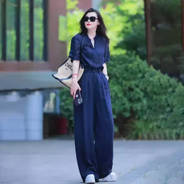 2025夏季新款宽松亚麻V领上衣+阔腿直筒裤休闲凉快显瘦两件套装女