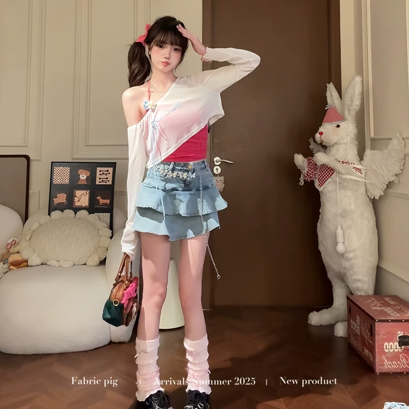 蜜桃奶冻 织物猪原创 纯欲挂脖背心女露肩针织衫罩衫蛋糕牛仔裙