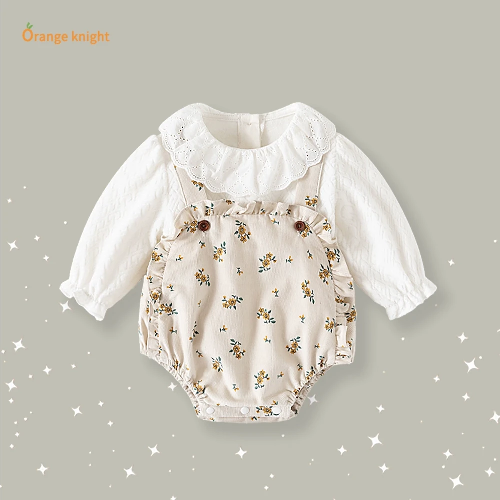 小月龄女宝宝春季衣服套装婴儿洋气花边领上衣背带包屁哈衣两件套