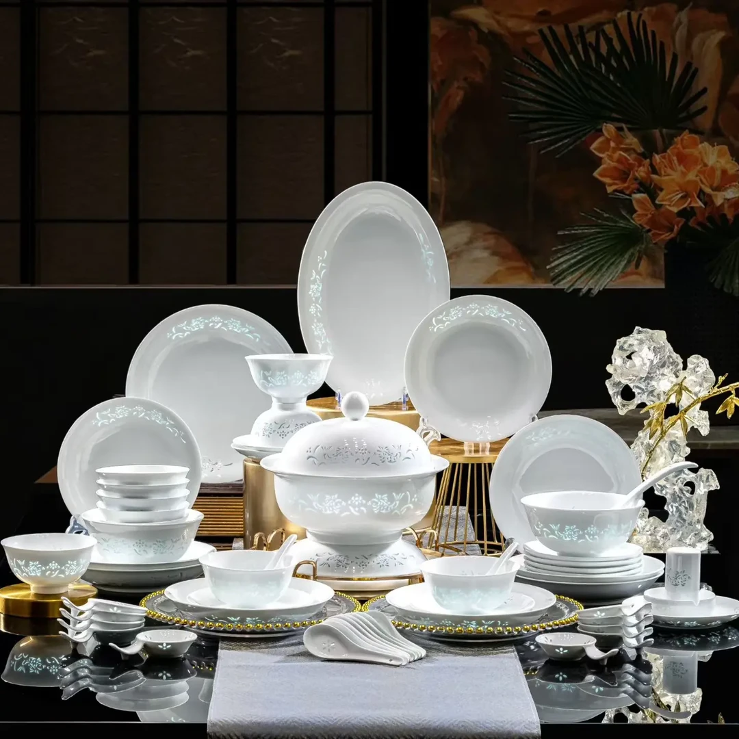 景德镇高温高陶瓷白瓷玲珑双鱼戏珠碗盘碟家用餐具套装乔迁送礼