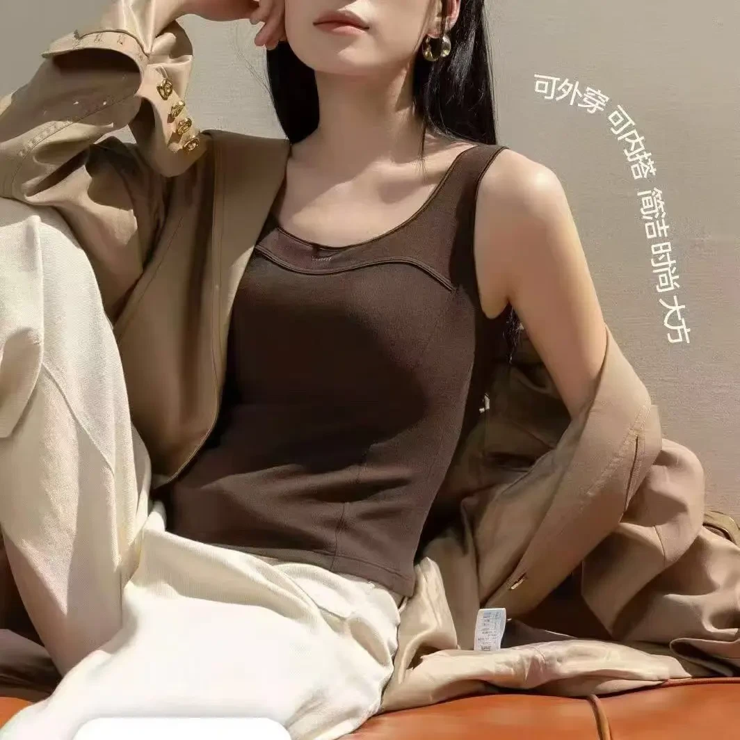 密针方领螺纹保暖背心气球杯胸垫保暖背心女士修身打底