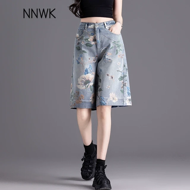 美式蓝色印花牛仔短裤女夏薄款2025新款阔腿中裤高腰直筒五分裤子