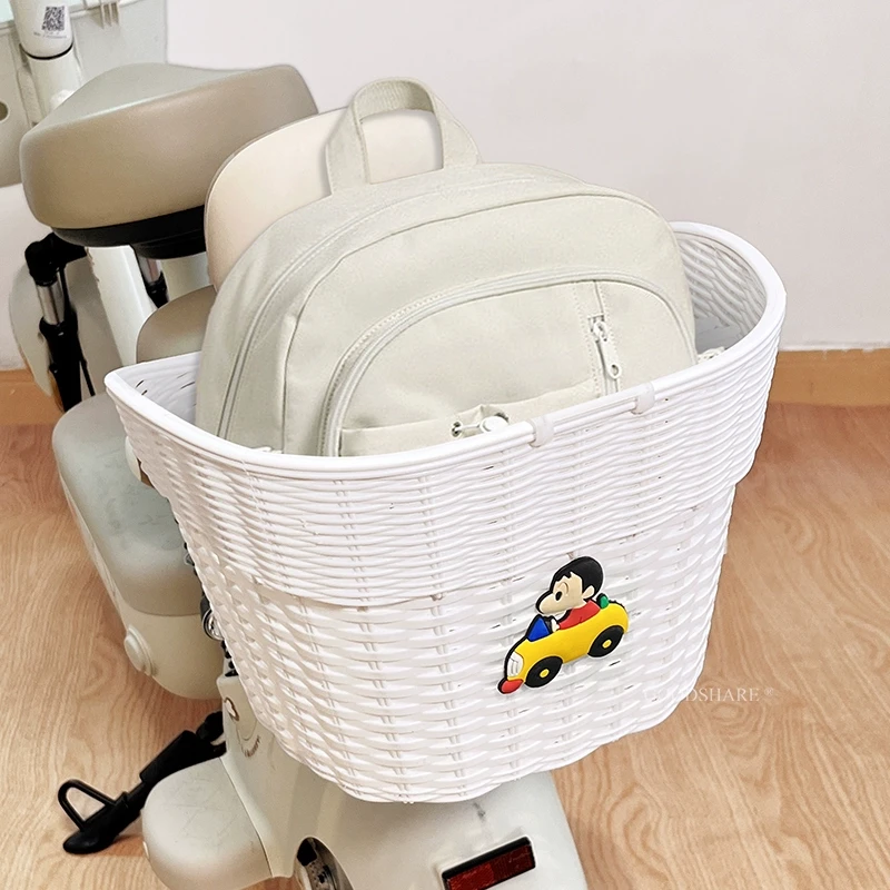 电动车后尾筐藤编车筐大容量可爱卡通蜡笔小新电瓶车后尾置物车篮