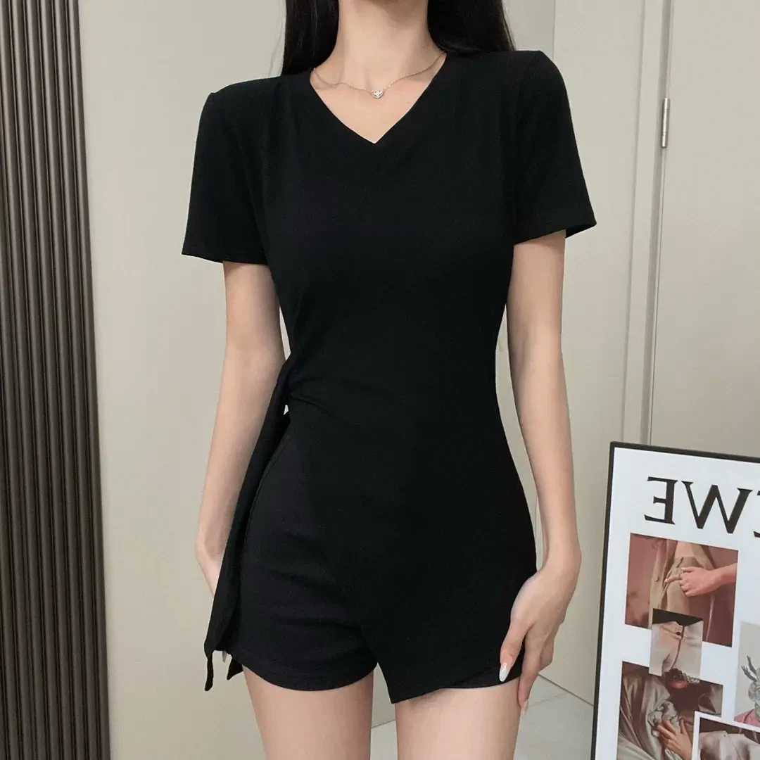 大码不规则v领短袖T恤女2025夏季新款胖mm收腰显瘦开叉上衣5352