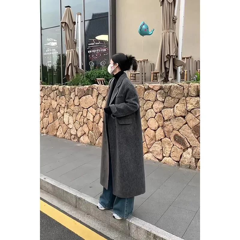 灰色双面羊毛大衣女中长款2025秋冬新款小个子高级感正肩毛呢外套