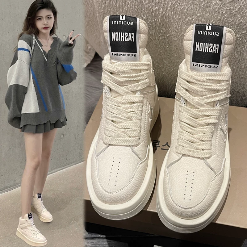 欧洲站高帮鞋女小众2024春秋厚底小白老爹鞋ins休闲百搭运动板鞋