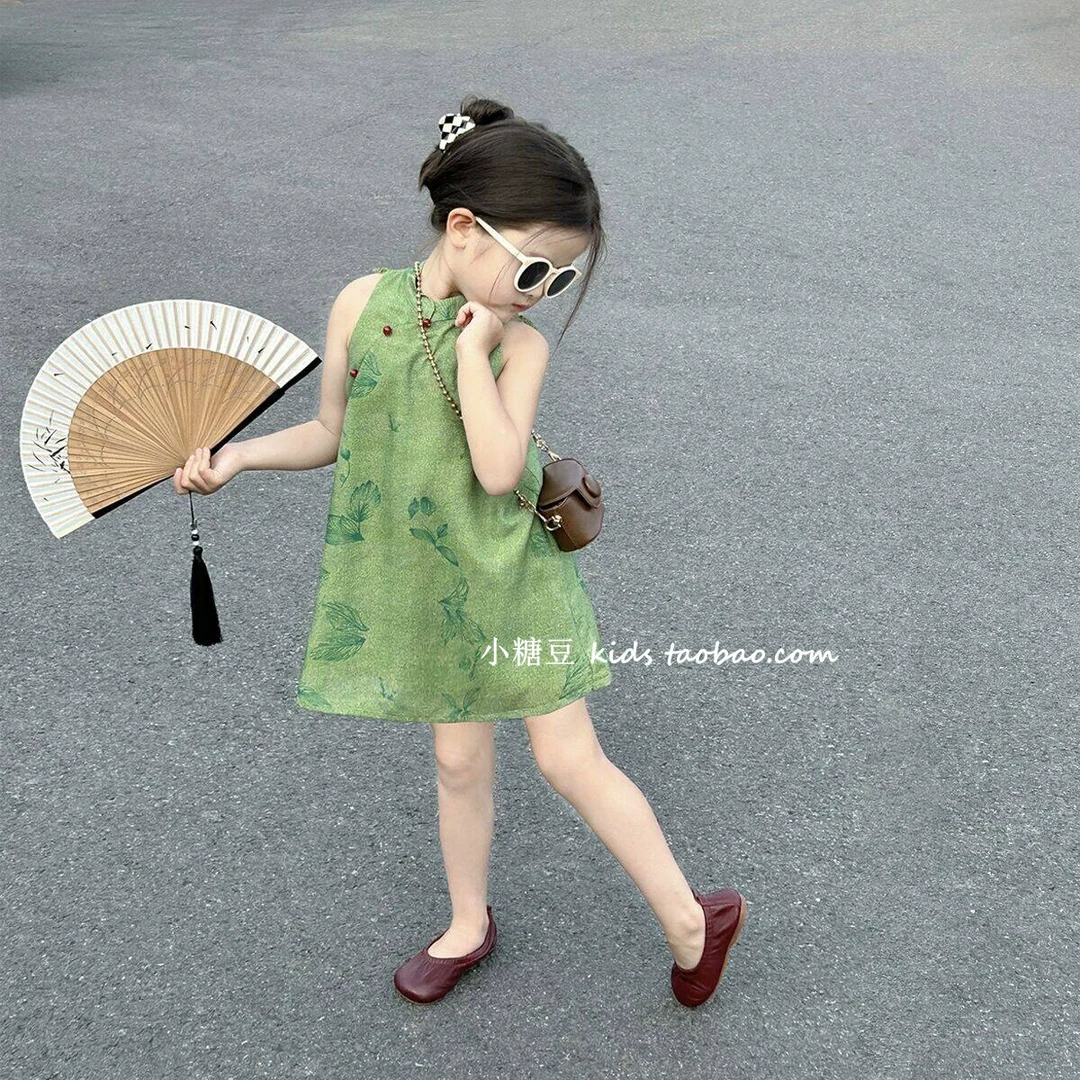 女童短袖新中式旗袍裙连衣裙202夏季新款挂脖背心裙汉服