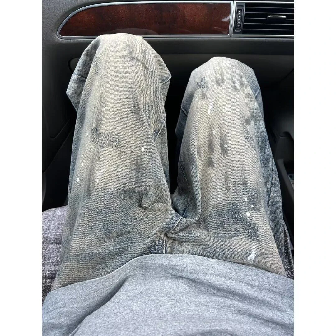 美式复古水洗泼墨牛仔裤男款潮牌高街vibe裤子直筒显瘦垂感微喇裤