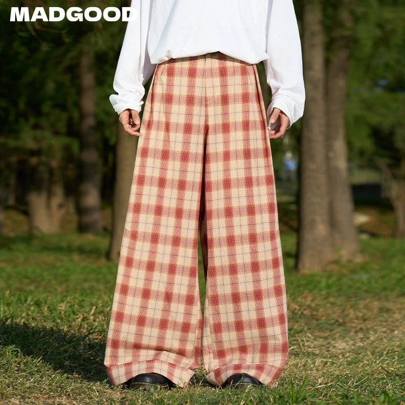 马得工地madgood日系春秋复古格纹格子直筒阔腿裤MDGDCK251004