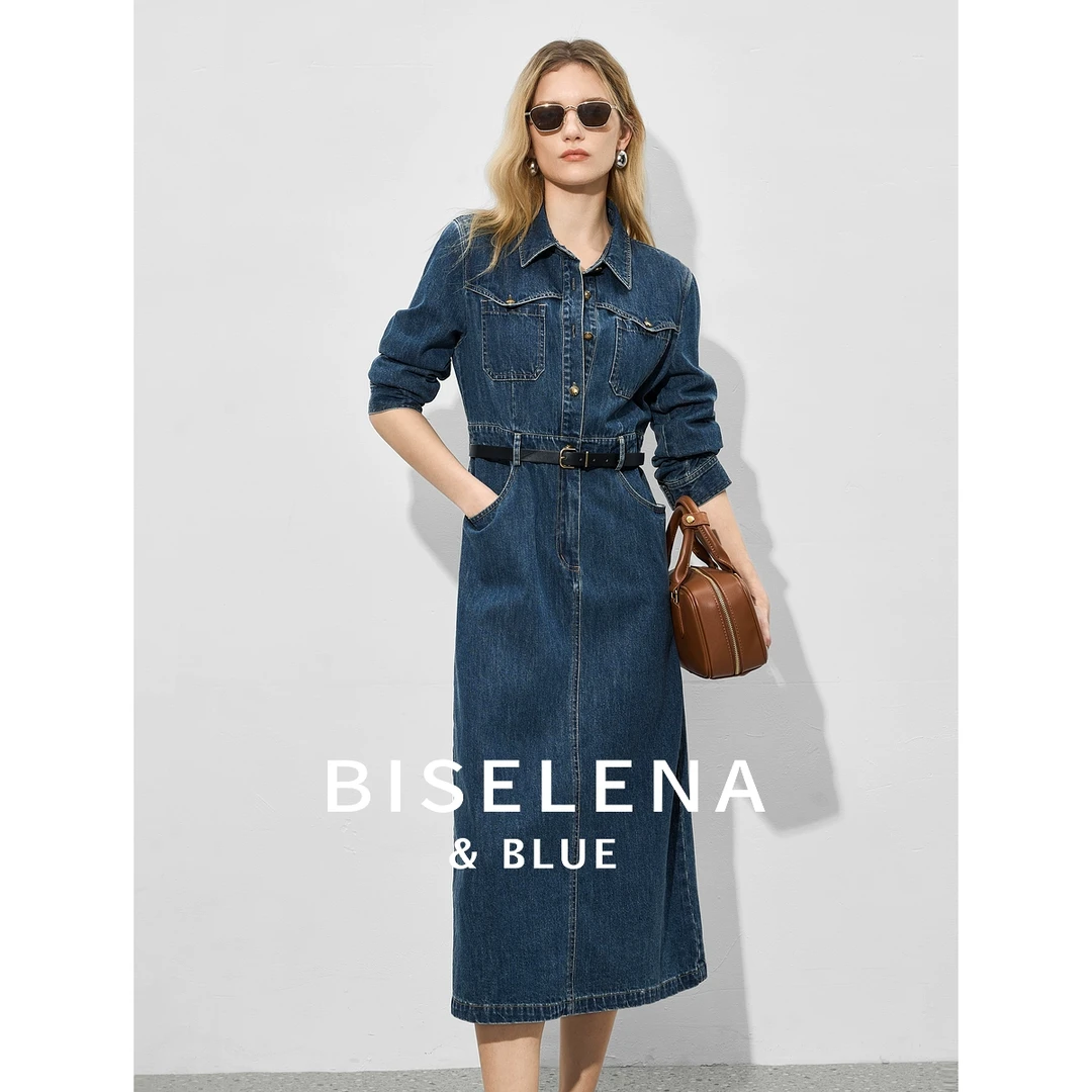 6100贝茜妮复古收腰翻领牛仔连衣裙女春新款设计感长款开衩裙子