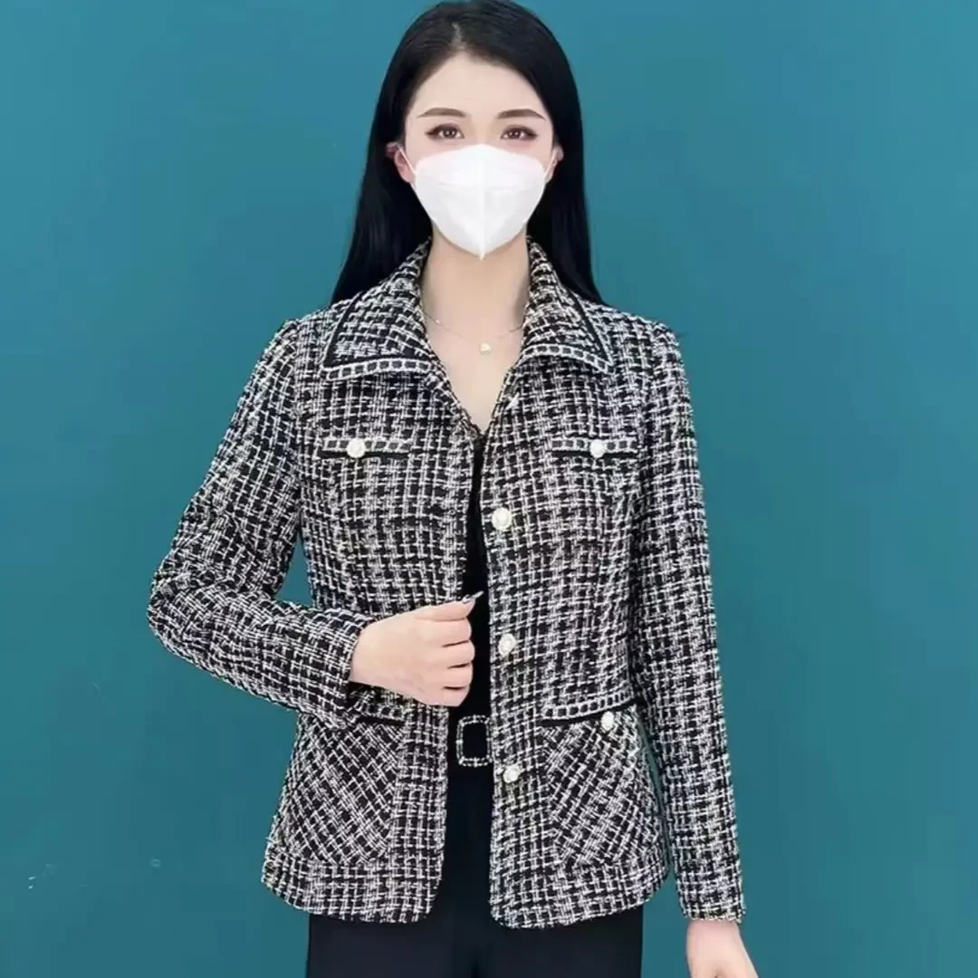 （高品质）中年妈妈春装小香风短款外套洋气时尚百搭千鸟格上衣